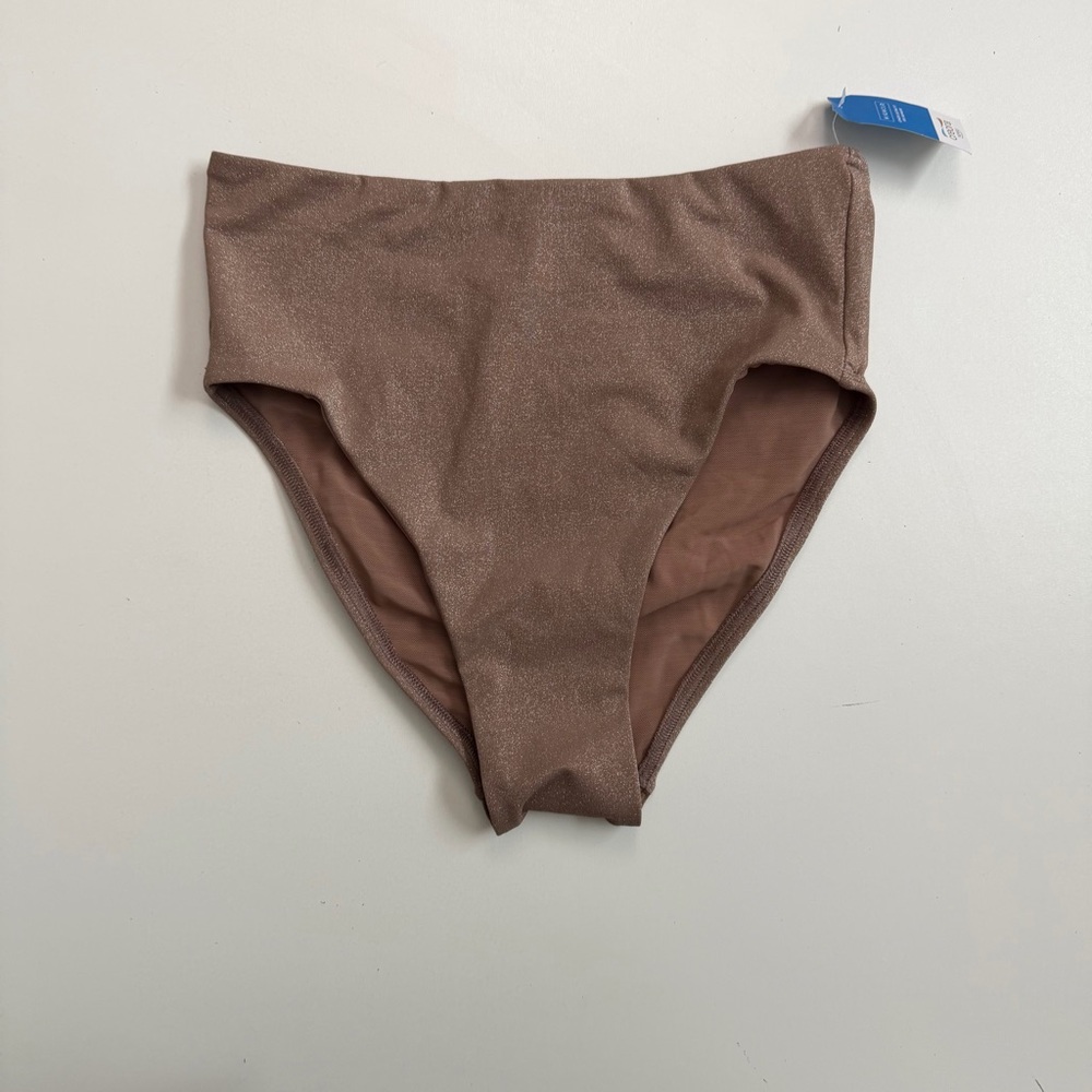 Lands End Swim Bikini Bottoms High Cut Creora Lined Shimmery Glitter Taupe Nude